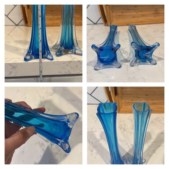 Vintage MCM Style Art Glass Vase Handblown Elephant Foot 11.5in Aqua Blue x2 - Picture 3 of 5